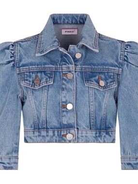 Pinko Light Blue Cropped Denim Jacket with Puff Shoulders